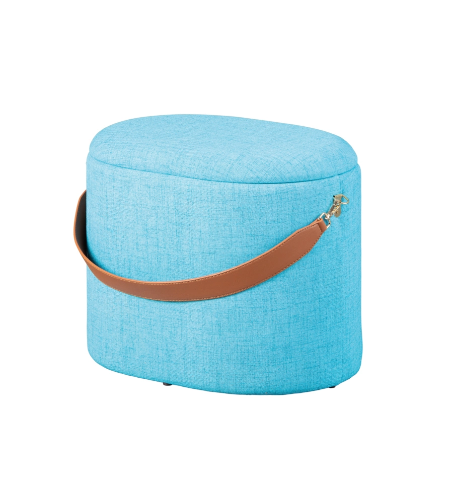 Pouf azzurro con contenitore e maniglia in ecopelle, 42x30x36cm